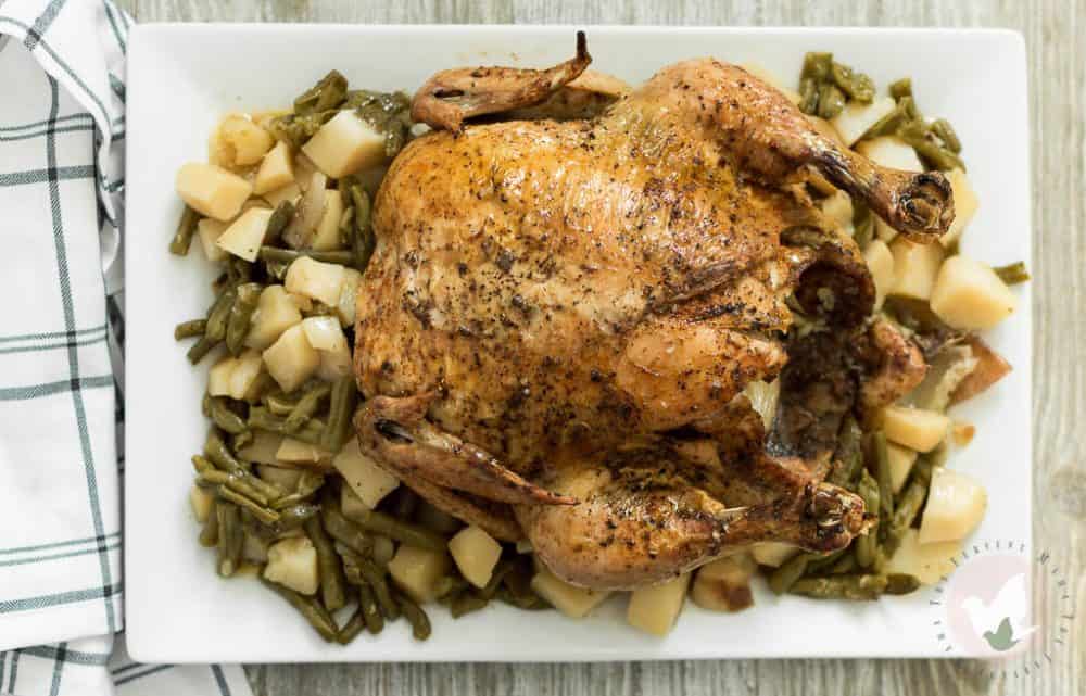 whole chicken with potatoes and green beans on a beautiful plate
