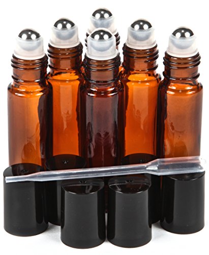 Vivaplex, 6, Amber, 10 ml Glass Roll-on Bottles with Stainless Steel Roller Balls