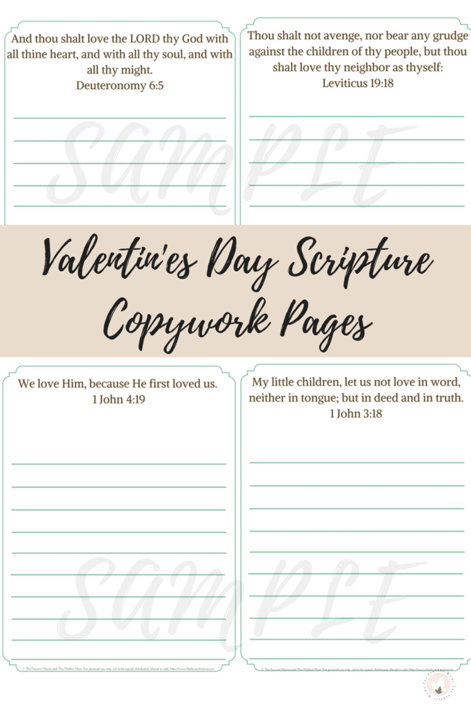example pages of the Valentine's Scripture Copywork Pages