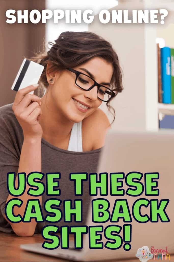 woman smiling with laptoip and credit card, shopping online with text overlay 