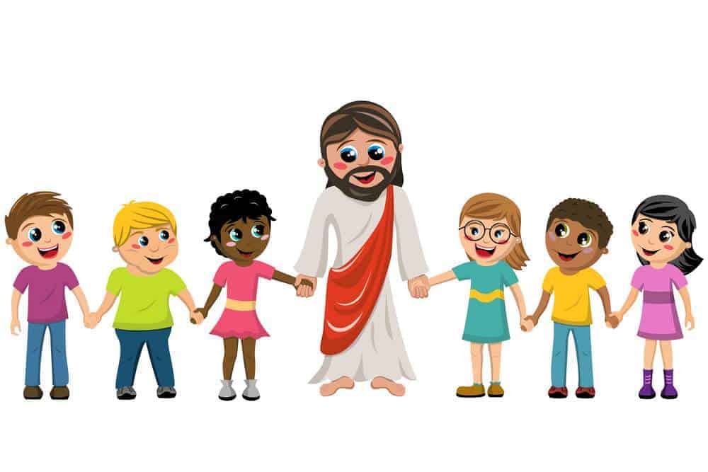 Cartoon Jesus hand in hand with kids or children isolated