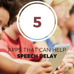 children of different ethnicities in a class environment playing on tablets with text overlay "5 apps that can help with speech delay"