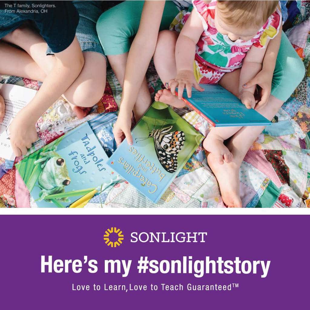 Children's legs surrounded by books sponsored by Sonlight