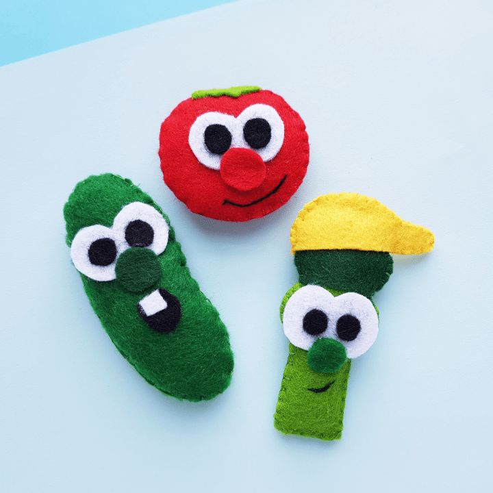 VeggieTales inspired characters Bob, Larry, and Junior made into felt plushies.