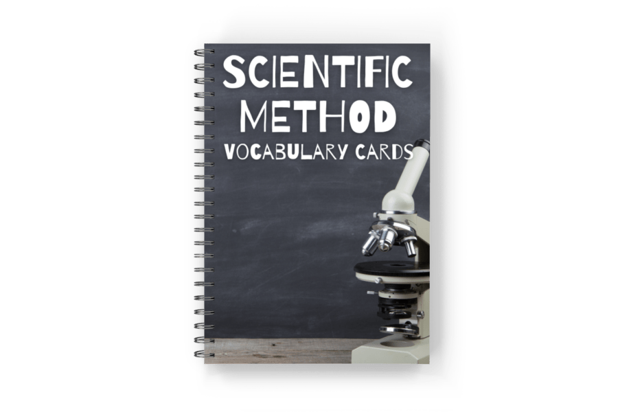 Spiral bound notebook with science background with text overlay "Scientific Method Vocabulary Cards