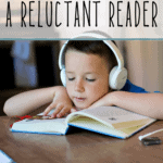 boy with headphones reading a book at the table. Text overlay says 